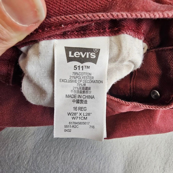 LEVI'S 511 Jeans Kids 16 Regular 30X28 Burnt Henna Red Burgundy Denim Slim Fit - Picture 4 of 8